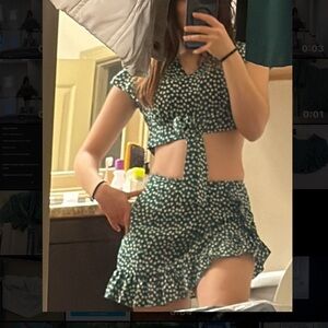 Green and White crop top and Mini Skirt